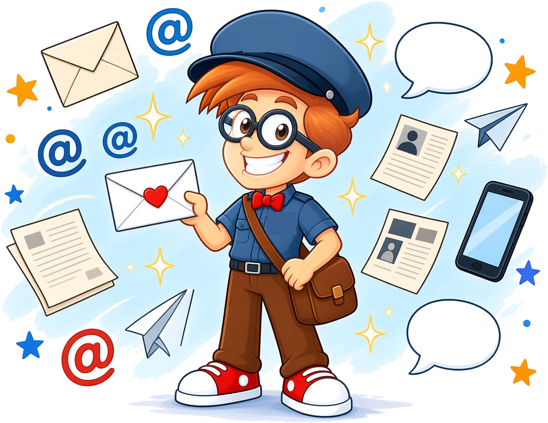 WebGeek mascot dressed as a mail carrier holding out an envelope