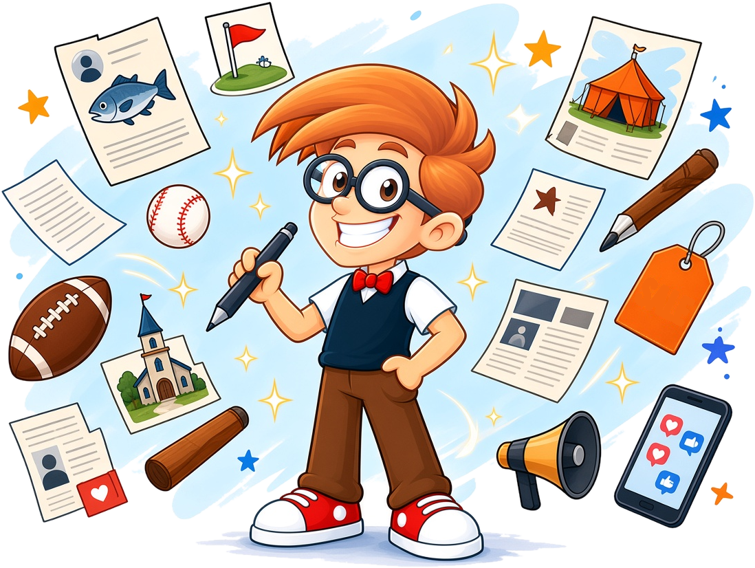 WebGeek mascot with a stylus surrounded by flyers, posters and social media graphics