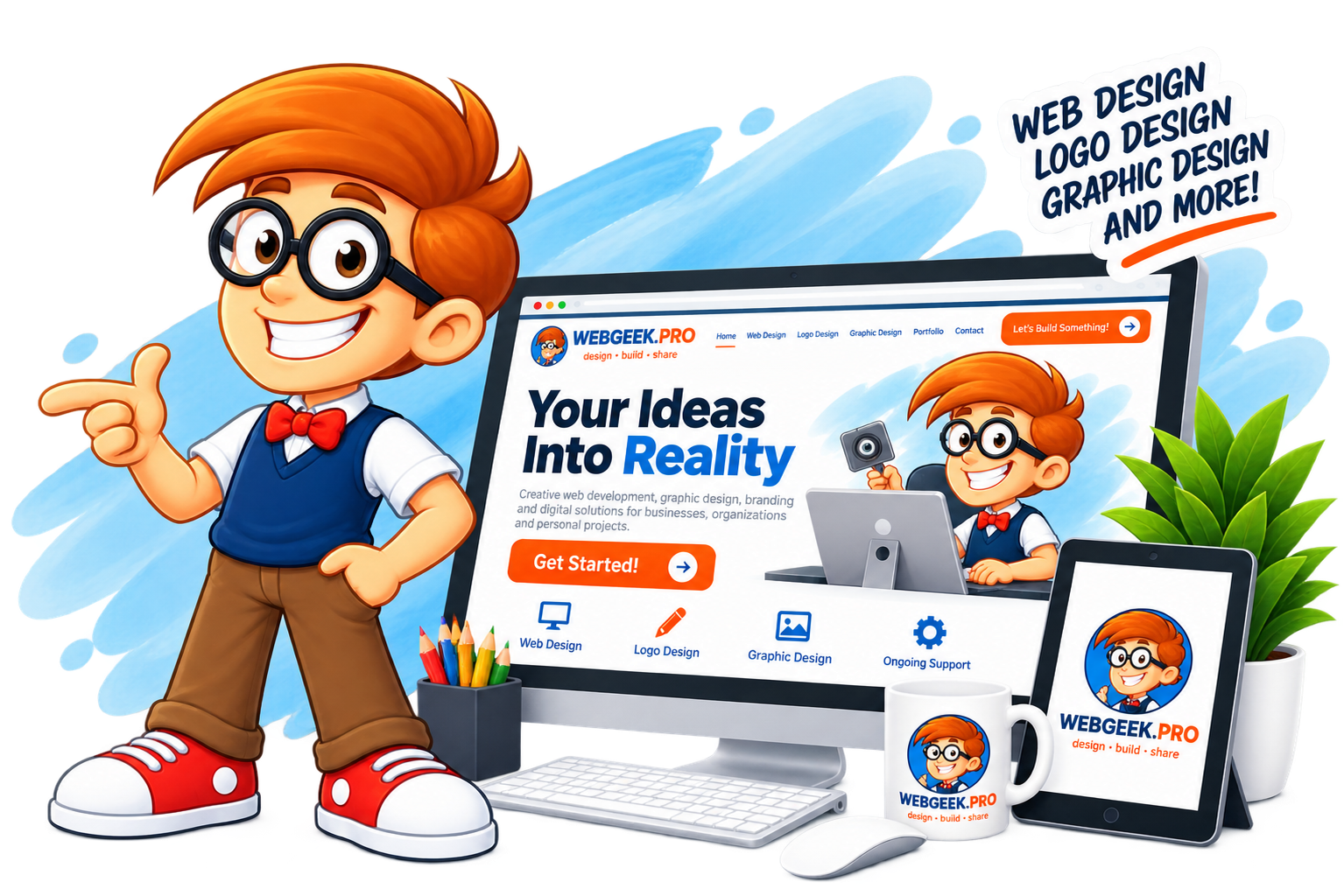 WebGeek mascot pointing at a computer showing a WebGeek website